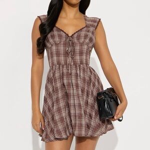 NWT Plaid Babydoll Mini Dress - Lace Trim - Brown - Size XL